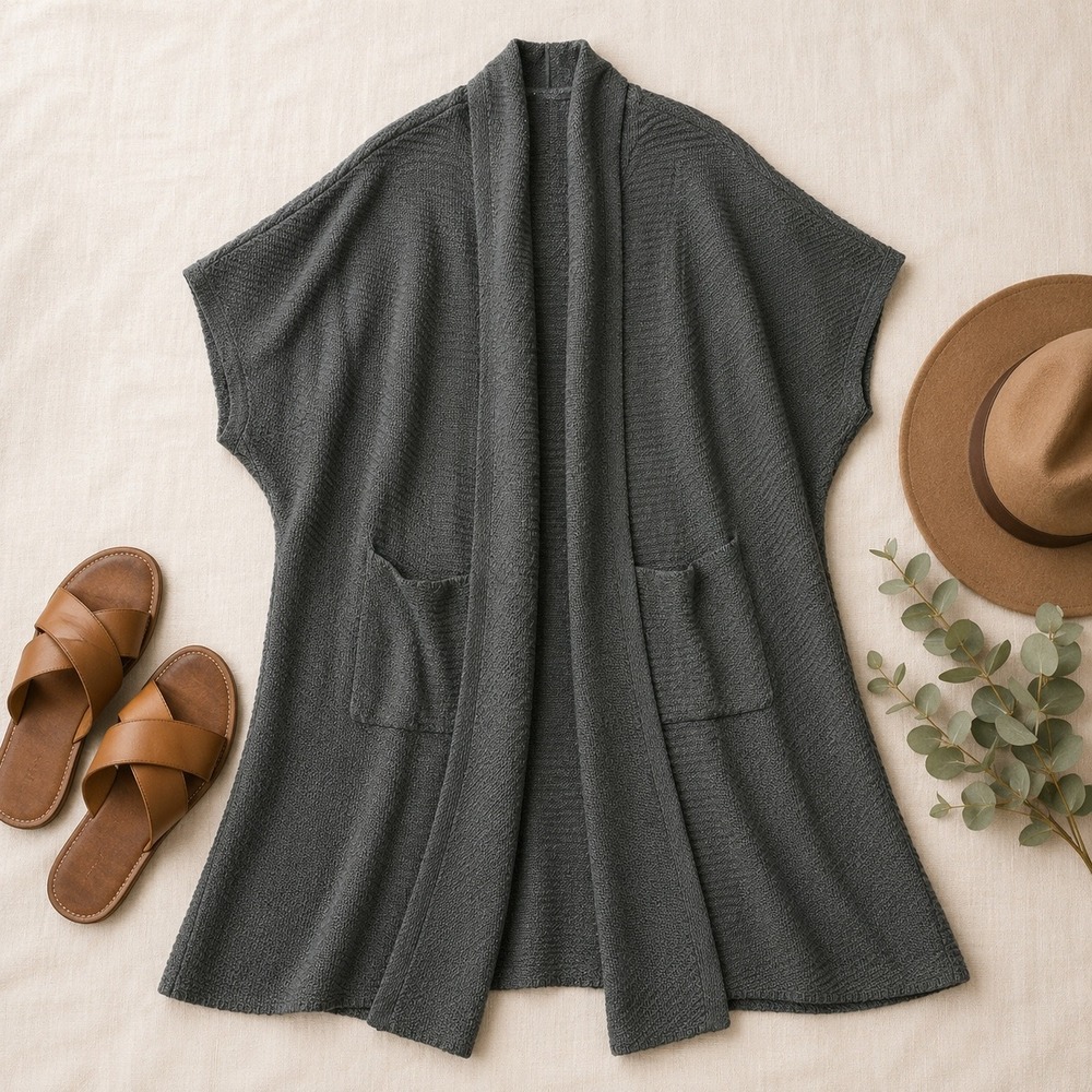 Poetry Cardigan Vest Womens 8/10 Green 100% Linen Longline Open Front Layering